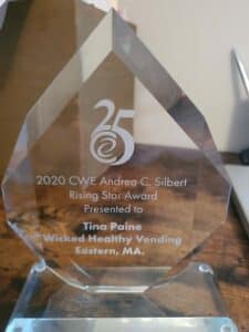 A glass award trophy